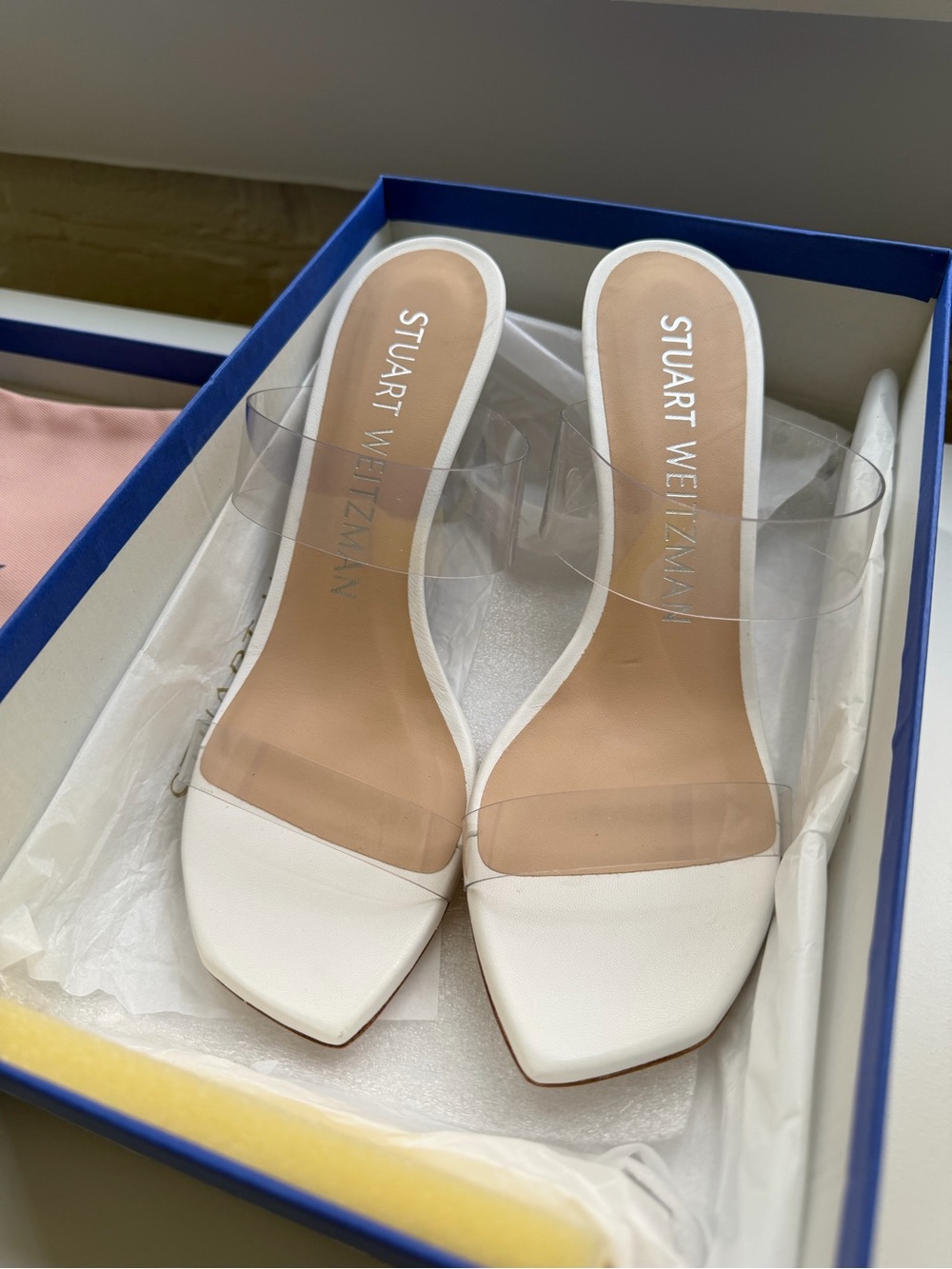 Stuart Weitzman Kristal Clear Leather & Clear PVC Heel Sandal Mules
